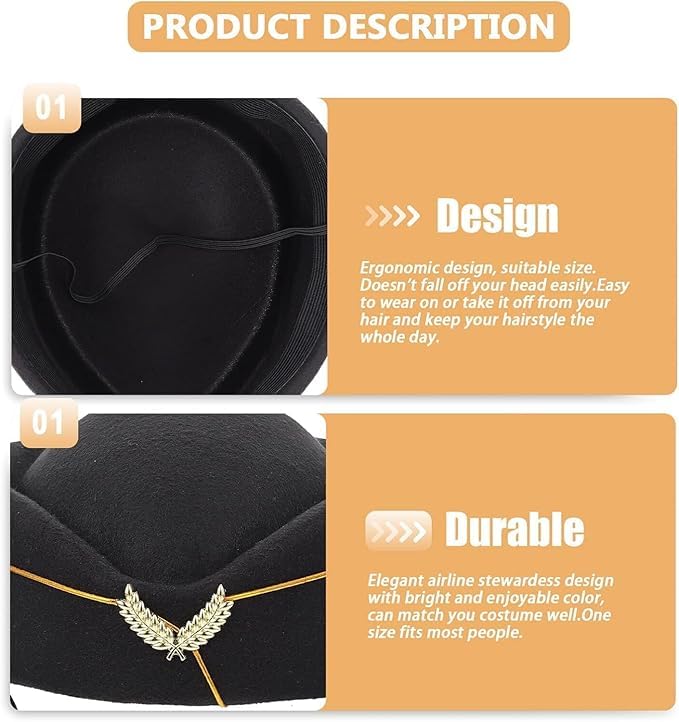 1Pcs Black Felt Stewardess Pillbox Hat - Flight Attendant Uniform Cap for Women Ladies - Cosplay Perform Accessories