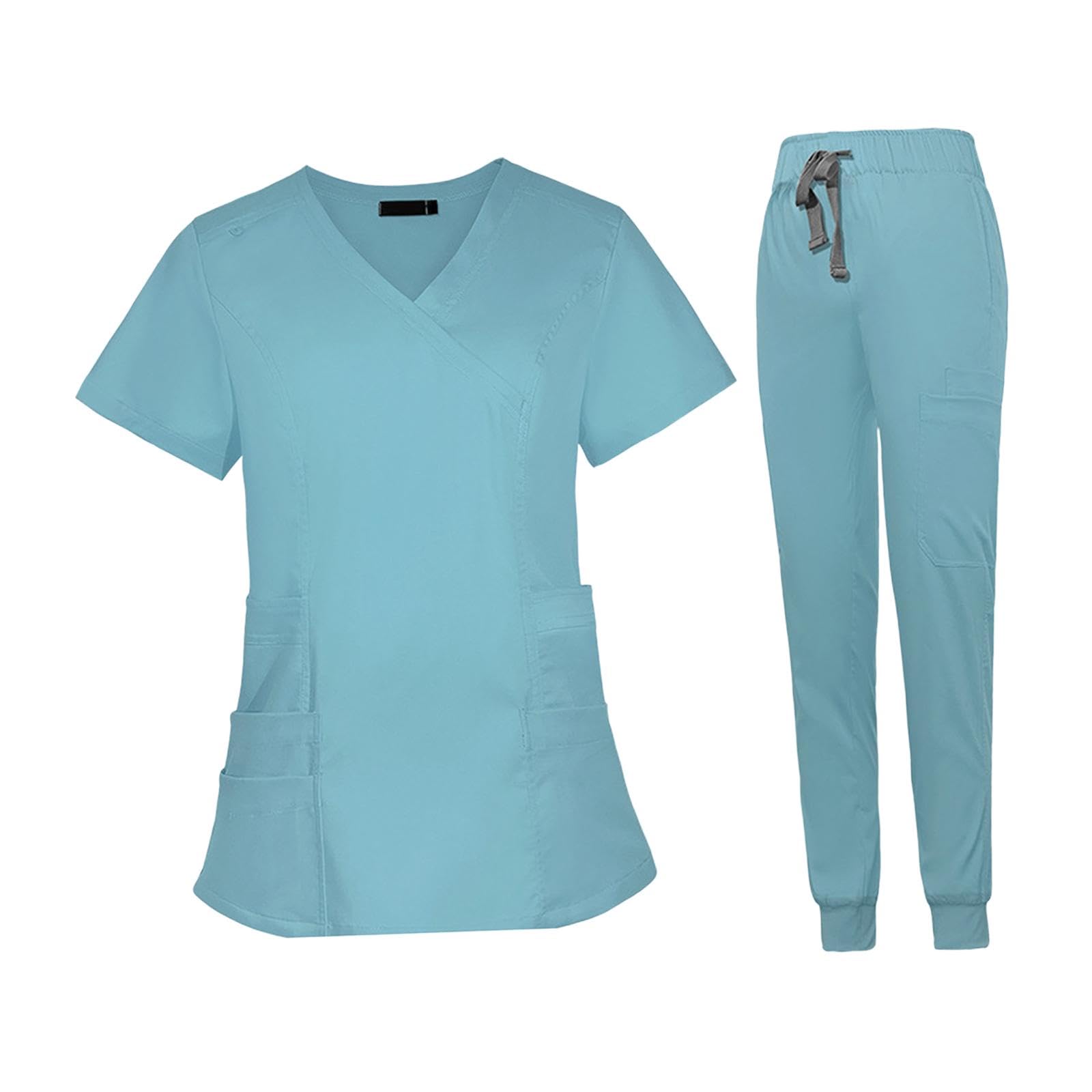 Colcolo Pflegeuniform Damen Kasack Jogginghose Set Arbeitskleidung V Ausschnitt Kurzarm Oberteil Mehrfachtaschen Elastischer Bund Atmungsaktiv Fü, Hellblau, m