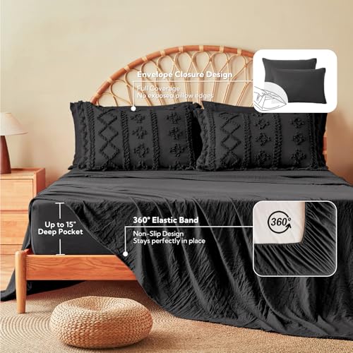 Image of MR&HM Boho Queen Comforter Set, Black Tufted Boho Bedding Set, Bed in a Bag Set 7 Pieces with 1 Comforter, 2 Pillow Shams, 2 Pillowcases, 1 Flat Sheet, 1 Fitted Sheet for All Seasons