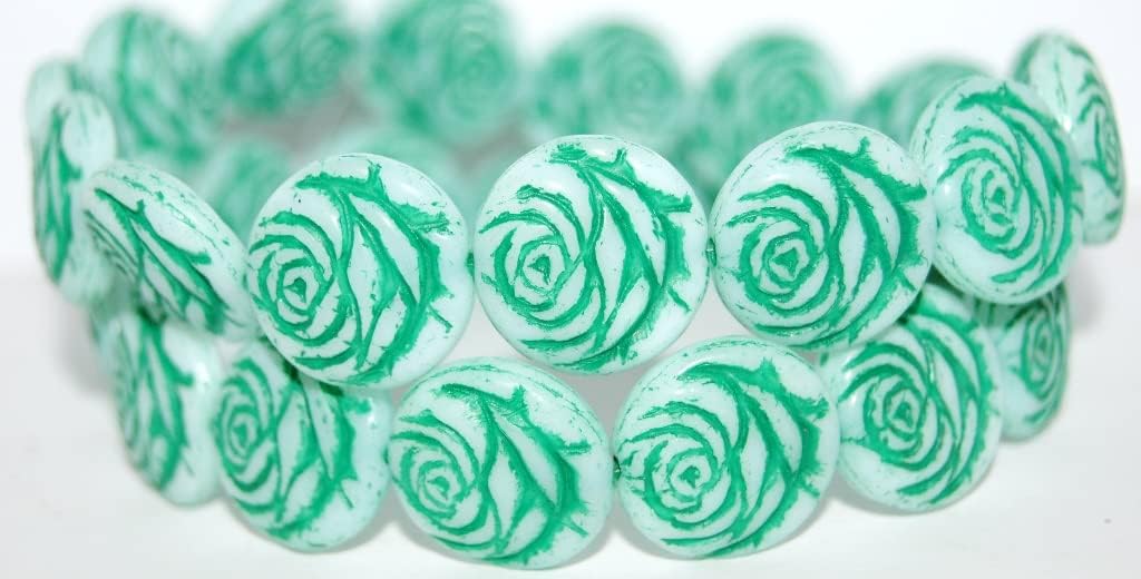 30 pcs Round Flat Rose Flower Pressed Glass Beads, White 46450 (2010 46450), Glass, Czech Republic, Size 17 mm (0.67 in)