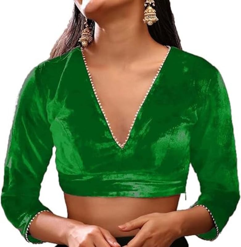 The India's Store Indian Women's Stylist Velvet Saree Blouse Stitched, Sari Choli/Top V-Neck, 3/4 Sleeve with Gotta Patti