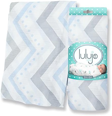 Lulujo Baby Silky Soft Muslin Swaddle Blanket, 47 x 47-Inches, Blue and Grey Chevron