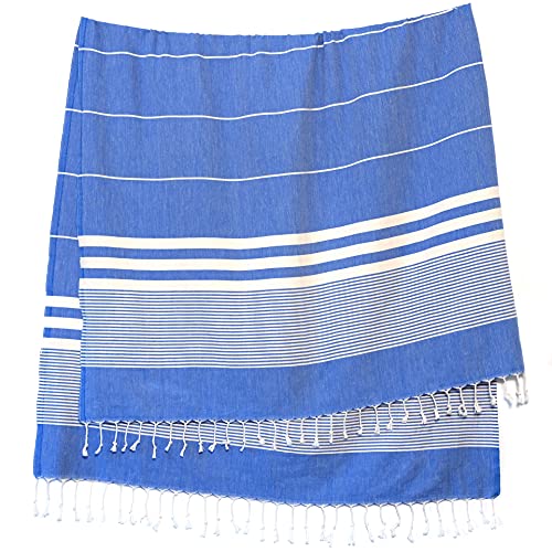 Turkish Beach Towel by SunSpun Linens - 39x71in No-Shrink Pre-Washed Pestemal Cotton Oversized Turkish Beach Towel and Blanket, Turkish Bath Towels, Turkish Towel, Bath Towel, Bathroom Towels (Blue)