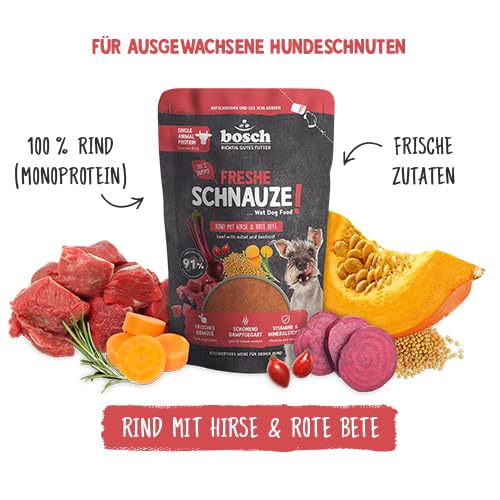 Foto 3 de 4 de Bozal Bosch Freshe, Carne de Res con mijo y Remolacha, 8 x 250 g, Comida húmeda Suave al Vapor para Perros