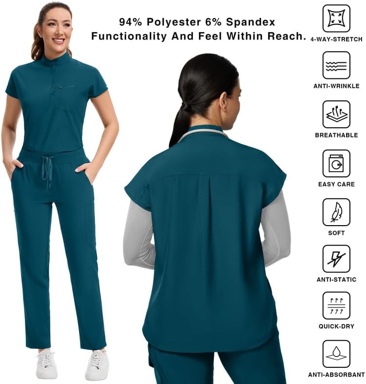 Kitmaz Women's Scrub Set - Convertible Mandarin/V-Neck Top & Straight Pants, 13 Pockets, Wrinkle & Splash Resistant Fabric - Image 5