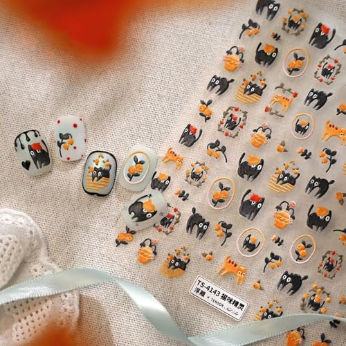 Image of 5D Embossed Cat Nail Stickers Cartoon Nail Decals Orange Black Self Adhesive Design DIY Manicure Charms Supply Decoration for Women
