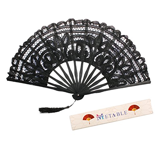 Metable Folding Fan Handmade Cotton Lace Embroidered with Bamboo Frame Women Hand Held Fans for Cosplay Dancing Props Wedding Gift(Black)