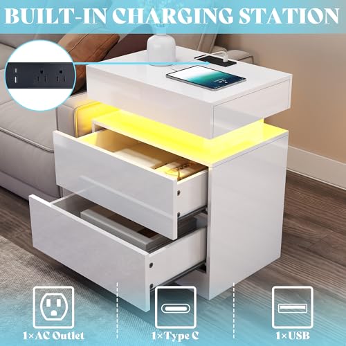 AMERLIFE High Gloss 3 Pieces Living Room Table Set, Modern LED Coffee Table Sets of 3, 2-Tier Center Table with 2 End Side Tables, LED Lights Bedside Table Nightstands with Charging Station, White