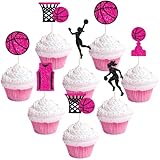 Cheerupp 36 Pcs Pink Glitter Basketball Theme Cupcake Toppers Set, Basketball Cupcake Insert Decoration, Sports Theme Cupcake Picks for Birthday Baby Shower Party Supplies