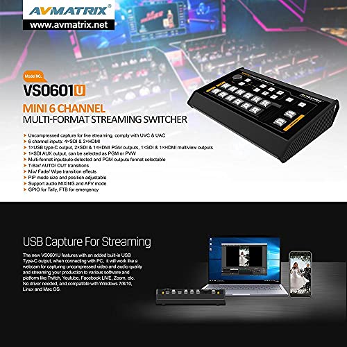 Image of AVMATRIX 6CH SDI & HDMI (4xSDI and 2xHDMI) inputs Mini Multi-Format Video Switcher