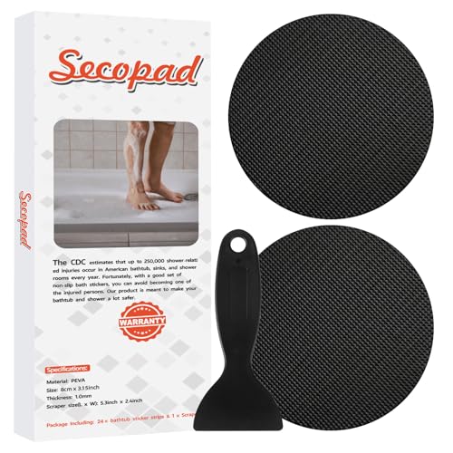 Secopad rutschfeste Badewannen-Aufkleber, Sicherheitsaufkleber, für Badezimmer, Badewannen, Duschen, Trittflächen, selbstklebend, Schaber (Schwarz)