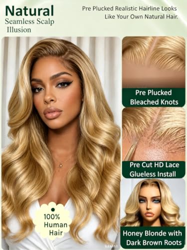 Image of KLAIYI Bye Bye Slip Ombre Honey Blonde Loose Body Wave Precut 7X5Lace Front Human Hair Wig with Brown Roots Drawstring Glueless Ready to Wear and Go Wig Face Framing Pre Plucked Bleached Knots 20Inch