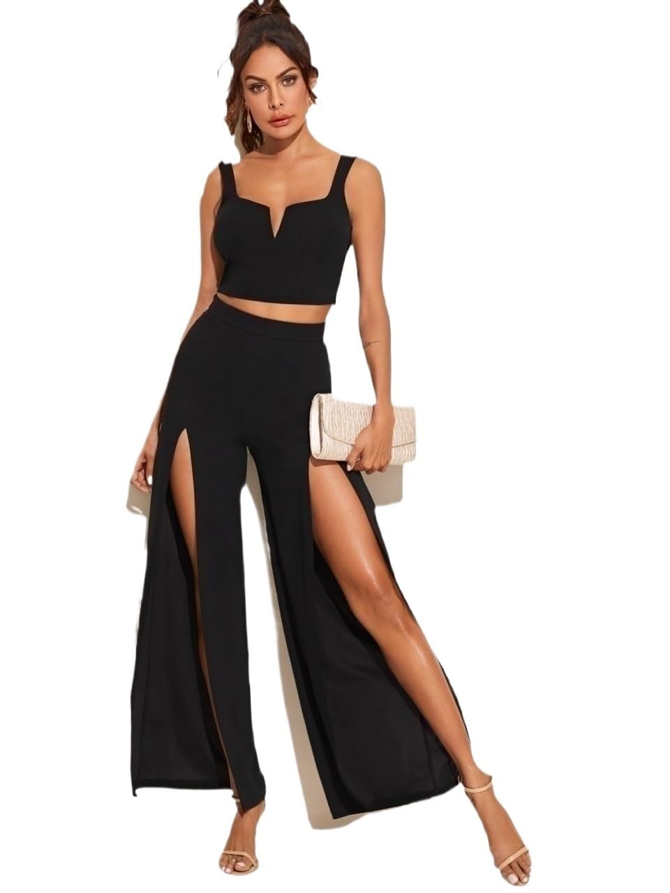 Womens 2024 Casual Wide Leg Long Pants Black Zipper Side Split Thigh Palazzo Pants
