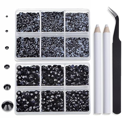 Image of Bymitel Hotfix Crystal Rhinestones Round Gems for Crafts,Mixed 6 Sizes with Wax Pencil Kit, Black 1.6-6.3mm SS4-SS30 /8000pcs