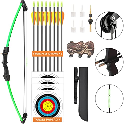 Aimdor Archery Bow and Arrow Set Youth Compound Bow and Arrow Practice Bow Kids Bow Birthday Gift Bow Left and Right Hand Bow Beginner Bow with 8 Arrows and Quiver for Outdoor Play Green