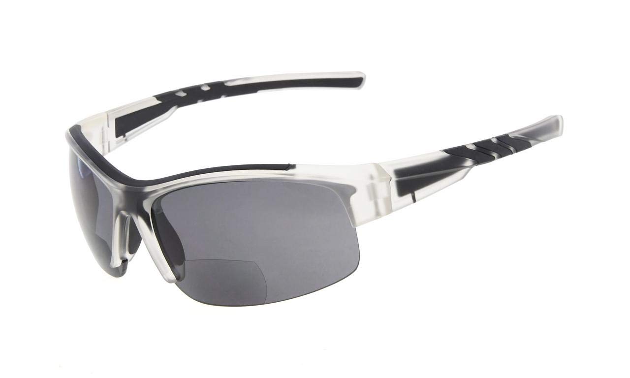 Eyekepper TR90 Unbreakable Sports Bifocal Half Rimless Sunglasses Baseball Running Fishing Driving Golf Softball Hiking Clear Frame Grey Lens +1.25