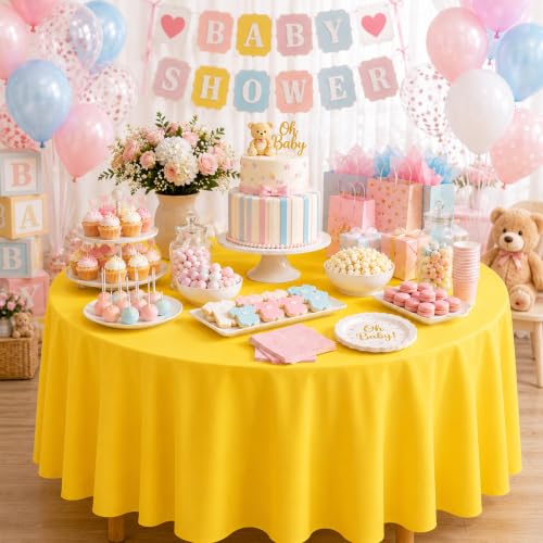 Image of WNINK 4 Pack Yellow Round Tablecloth, 84 Inch Disposable Plastic Table Covers, Yellow Round Table Cover for Birthday Parties, Holiday, Picnic, BBQ, Family Gathering Party Supplies
