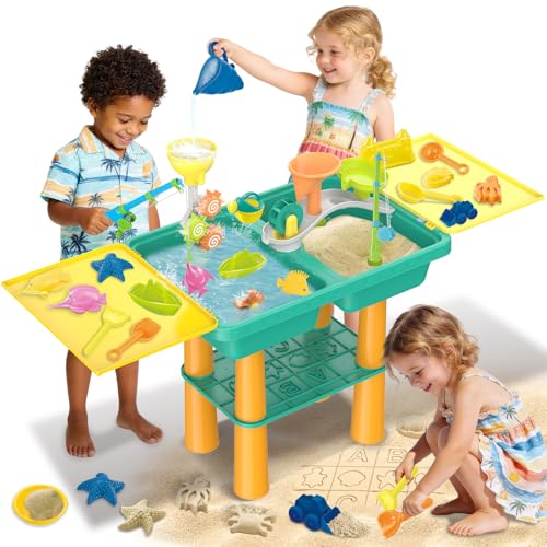 deAO Tavolo con Sabbia e Acqua per Bambini, Tavolo da Gioco, Tavolo Multifunzione, 26 PCS, 2 Canne da Pesca, Paletta per Sabbia, Ruota dell’Acqua, Tavolo da Gioco con Coperchio, 3 Anni+ (Turchese)