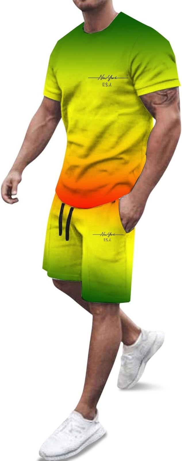 Mens 2 Piece Outfits Short Sets Workout Sets Gradient Print Loose T Shirt Summer Sports Beach Vacation Clothes for Men