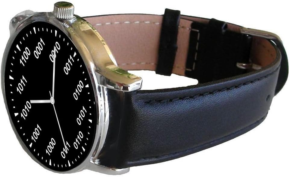 Math Dial Geek's Watch Shows Binary Hour Indicators on The Black Dial of The Large Polished Chrome Watch with Black Leather Strap