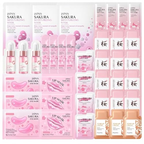 Face Masks Skincare Set – All in One Skincare Set with 39PCS Face, Eye, Lip & Hand Care, Sakura Skin Care Sets for Pamper Gifts for Women, Self Care Kit for Home Spa Routine