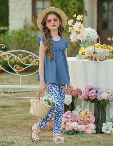 Image of Arshiner Toddler Girls 2-Piece Outfits Ruffle Sleeve Tee & Elastic Waist Pants Kids Summer Clothing Set For 2-10 Years