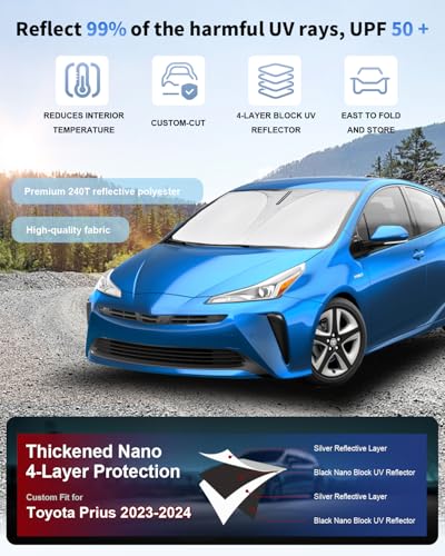 Sunshade for Prius Windshield Sun Shade for 2023 2024 2025 2026 Toyota Prius Hatchback Accessories(Not for Prius C or Prius V) Front Window Shield Cover Sun Visor Protector Foldable Blocks UV Rays