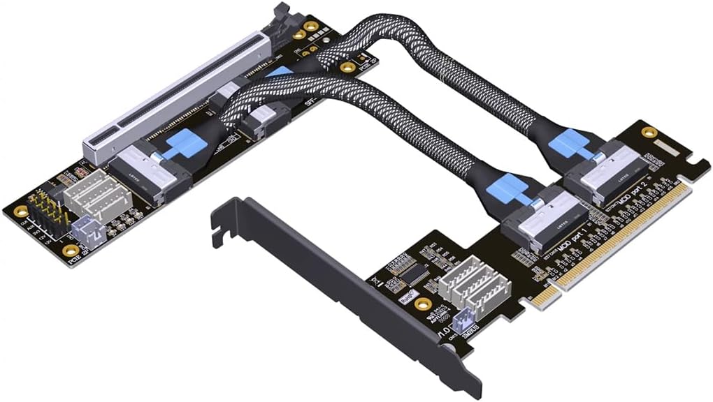 JMT ADT-F36B-F37B PCI-e 4.0 X16 to X16 MCIO Bifurcation Adapter Riser Card 256G/bps Split Extender with Power Cable (100cm)