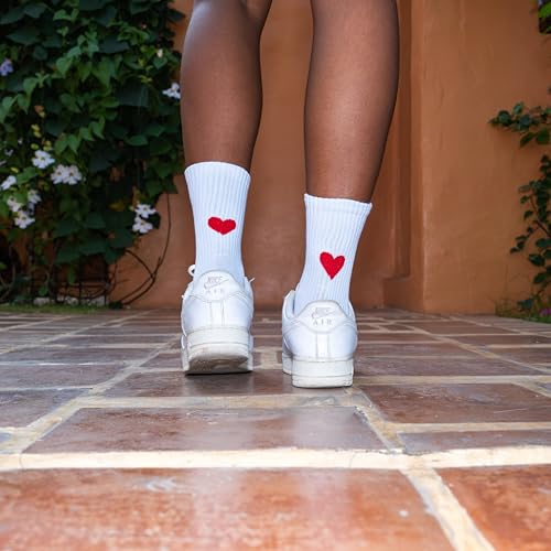 Made by Nami 2 Pairs of Heart Crew Socks for Women Breathable & Preppy Cotton White Socks with Hearts for Cute Athletic Style and Casual Wear3
