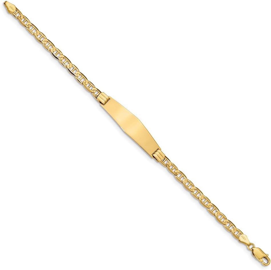 Solid 14k Yellow Gold Anchor Mariner Link Soft Diamond-Shape ID Bracelet Engravable Identification Name Bar Tag - with Secure Lobster Lock Clasp 8" (Width = 9mm)