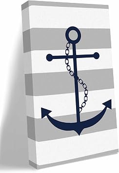 NuYeBiofx Nautical Blue Anchor White Grey Stripe Canvas Wall Art Prints,40"x20" Framed Picture Artwork Summer Marine Style Printed Canvas Oil Painting for Living Room Bedroom Office,Ready to Hang