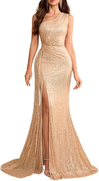 Womens One Shoulder Sequin Maxi Prom Dress Elegant Evening Gowns with Slit