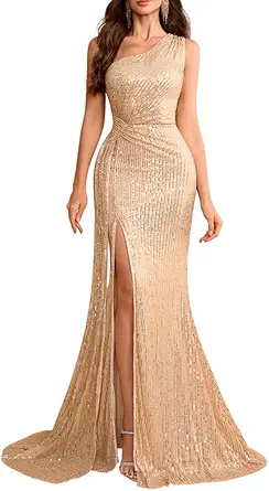 Women's One Shoulder Sequin Maxi Prom Dress with Slit