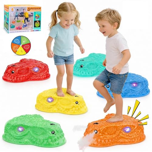 Dqoetort Dinosaur Stepping Stones for Kids 3-5, 6 Pcs Non-Slip Balance Sensory Toys with Mist Spray & Roaring Sound, Light Up Rechargeable Toddler Stepping Stones for Indoor & Outdoor Obstacle Course