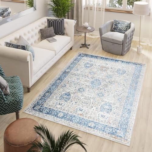 TAPISO Valley Alfombra de Pelo Corto Brillante Suave Diseño Clásico Vintage Tradicional Azul Gris Crema Beige Alfombra de Salón Dormitorio Habitación Oeko-Tex 120 x 170 cm