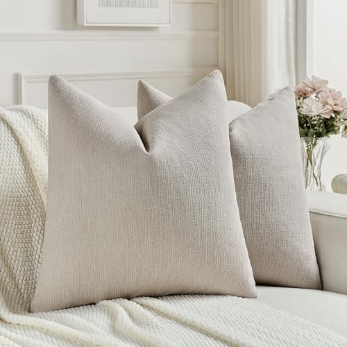 FUTEI Oatmeal Chenille Decorative Throw Pillow Covers 18x18 Inch Set of 2,Soft Cozy Faux Linen Textured Cushion Case,Farmhouse Home Decor for Couch Living Room
