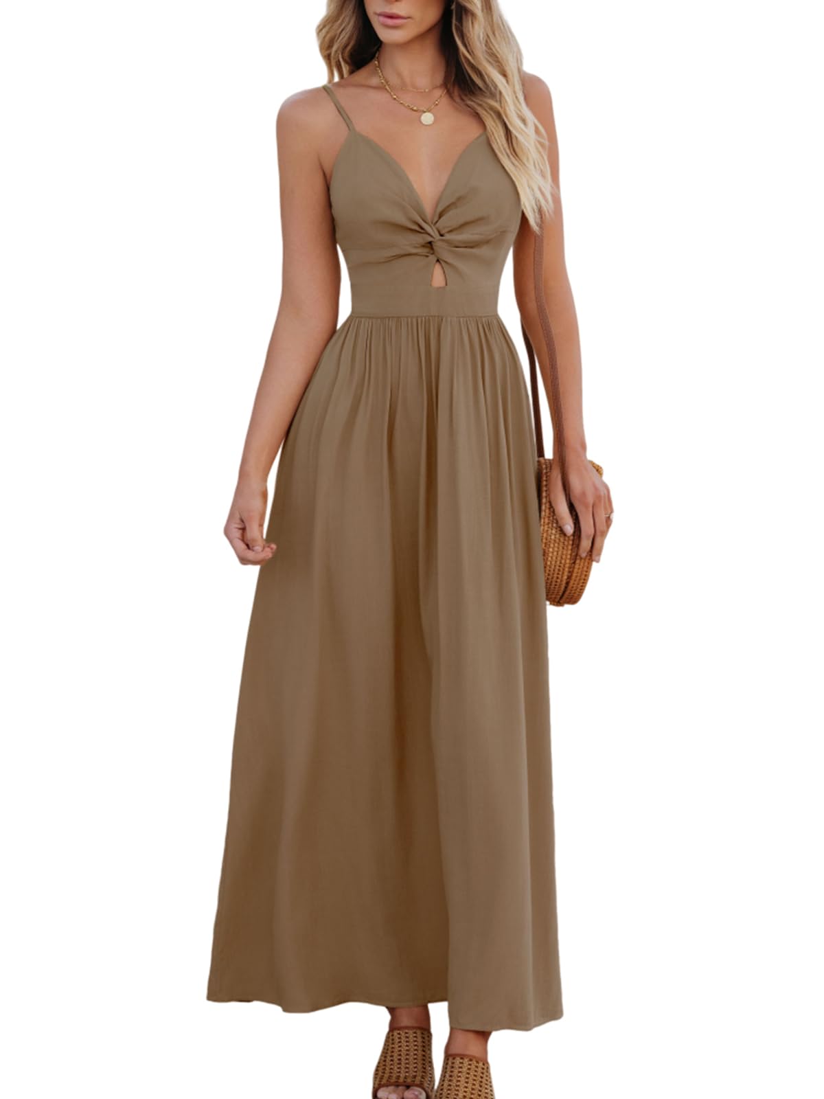 CUPSHE Women's Summer Dress, V-Neck, Twist Front, Boho Strappy Casual Camisole Dress, for Beach, Party, brown