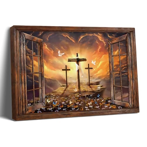 Balgardekor Christian Cross Painting on Canvas Wall Art Home Decor for Living Room Bedroom Office Decor (1, Three Crosses, 24 x 36 Inches)