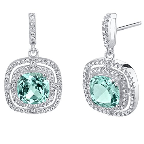 Peora Simulated Paraiba Tourmaline Dangle Earrings for Women 925 Sterling Silver, 7.50 Carats total Cushion Cut 8mm, Double Halo Drops, Friction Backs