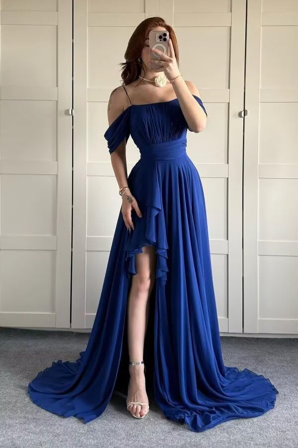 Off The Shoulder Chiffon Bridesmaid Dresses Spaghetti Straps Corset A-Line Black Formal Dress with Slit3