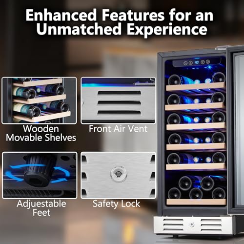 kalamera 15 inch wine cooler refrigerator - 30 bottle under counter mini fridge with double-layer tempered glass door and temperature memory function built-in or freestanding