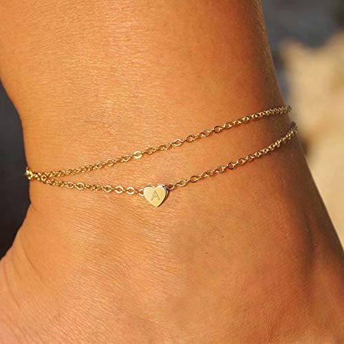 Turandoss Heart Initial Anklet Bracelet For Women, 14K Gold Filled Layered Ankle Bracelet Summer Boho Beach Minimalist Initial Anklet For Women Anklet With Initials A #TOP3