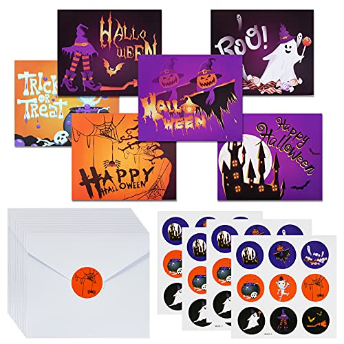 24 Sets Halloween Greeting Cards with Envelopes and Stickers, Hmxpls Halloween Holiday Trick or Treat Spooky Naughty Funny Greeting Cards, Halloween Themed Cute Cards for Kids Party Classroom