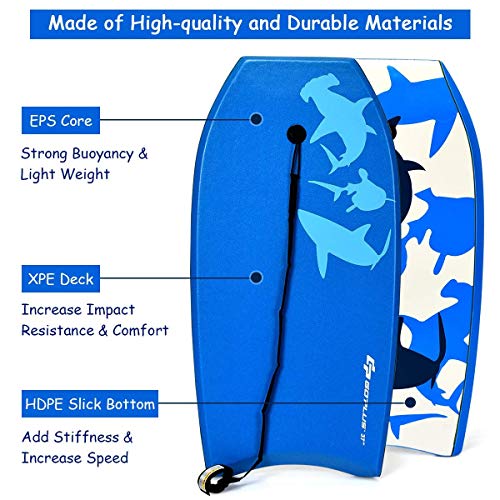 Goplus Body Board, Lightweight Bodyboard With Eps Core, Xpe Deck, Hdpe Slick Bottom, Premium Leash & Adjustable Wrist Rope, Perfect Surfing For Kids And Adults (Blue Shark, 33) #TOP1