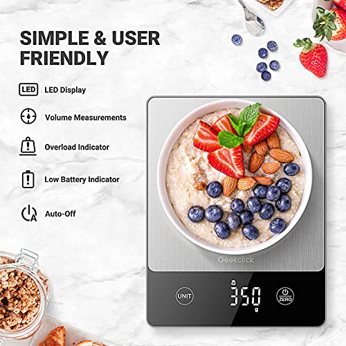 Geekclick Food Scale, Digital Kitchen Scale Weight Grams And Oz/Ounces, Kitchen Tools For Baking, Cooking, Meal Prep, Weight Loss, 1G/0.1Oz Precise Graduation, Stainless Steel And Tempered Glass #TOP2
