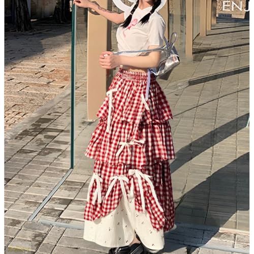 Y2k Vintage Plaid Patchwork Tiered Skirt 3D Satin Bow Layered Ruffles Lightweight Cotton Linen Blend Dressy Outfit for Women2
