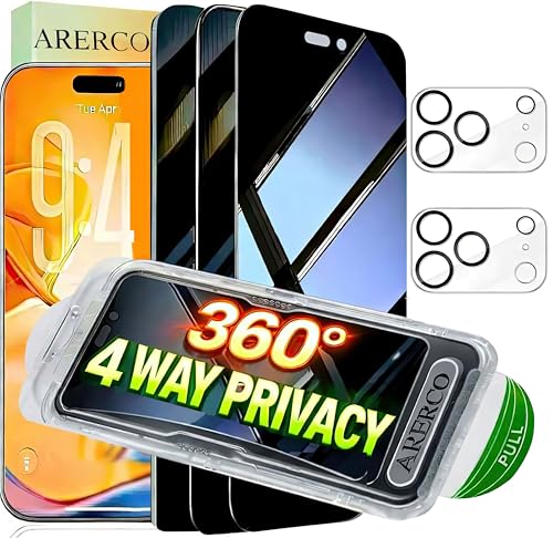 ARERCO 3 Pack for iPhone 17 Pro Max Privacy Screen Protector +2 Camera cover 360 4 Way Anti Spy Auto Dust-Remove 10X Military Shatterproof 4 Directions Zero Bubble Full Cover Tempered Glass Anti Peep Film for 17 ProMax
