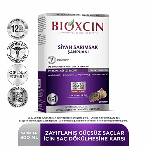 Bioxcin Schwarzer Knoblauch Shampoo 300 ml – Stärkendes Shampoo gegen Haarausfall mit 100% Schwarzem Knoblauchextrakt für Kräftiges, Gesundes Haarwachstum