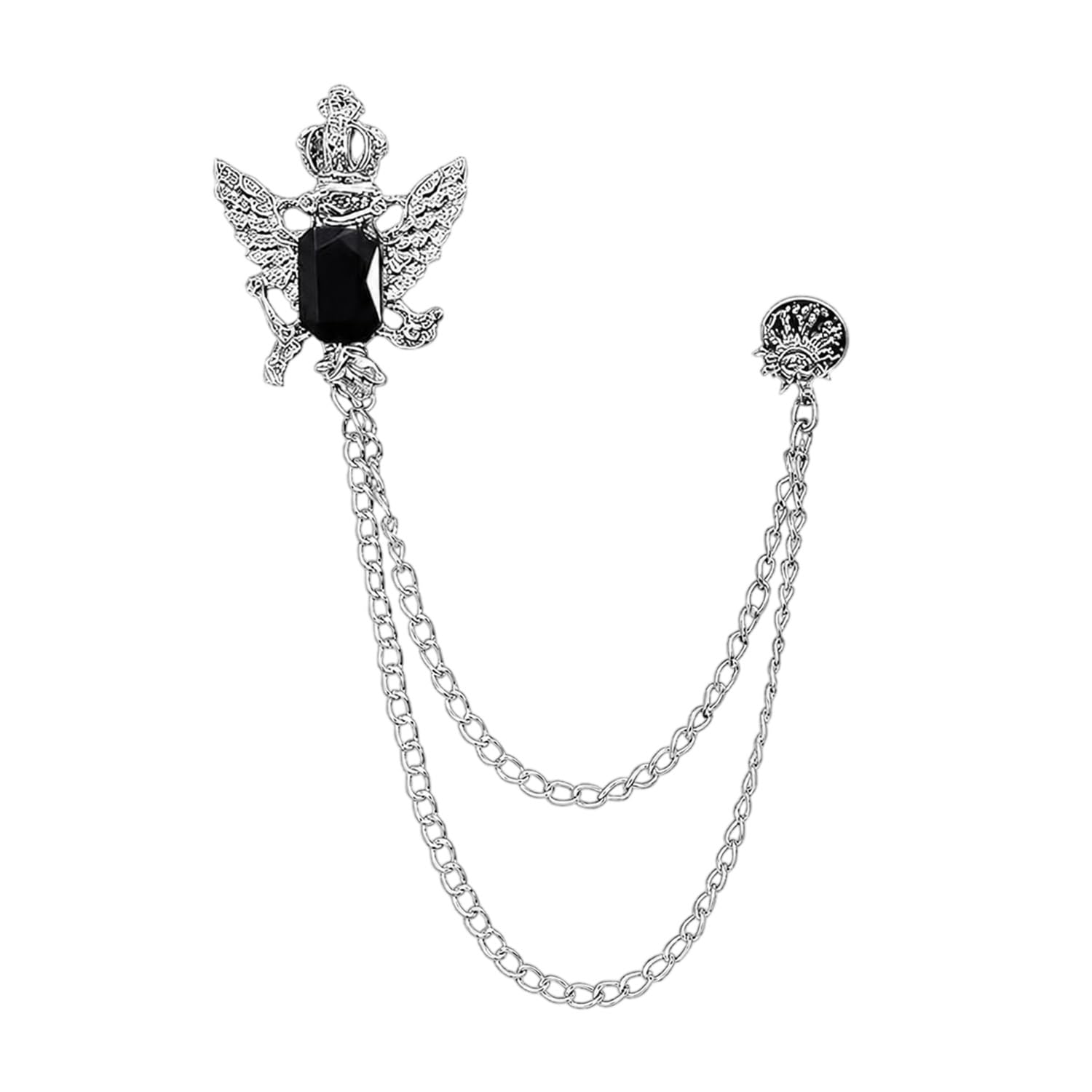 Luxury Crown Style Brooch for Men's & Women Suit Shirt Stud Brooch Lapel Pin Brooch Pin Chain Tassel Brooch Pin with Crystal Chain(Silver Crown Eagle Black Gemstone)-image-36