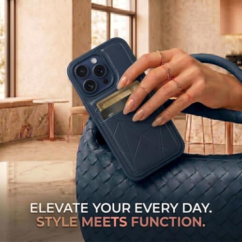 Image of amazon basics Premium Vegan Leather Back Cover with Card Holder and Integrated Mobile Stand for iPhone 16 Pro - Slim Shockproof Wallet Case with Geometric Stitching [Black]